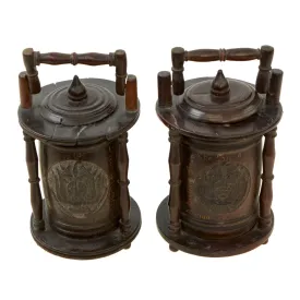 Original Prisoner of War Boer Wars Carved “Trench Art” Wooden Tobacco Humidor Barrels Carved by Boer Prisoner, Diyatalawa Ceylon Camp, As Featured In The Book “Trench Art, An Illustrated History” by Jane Kimball on Page 21 - 2 Items