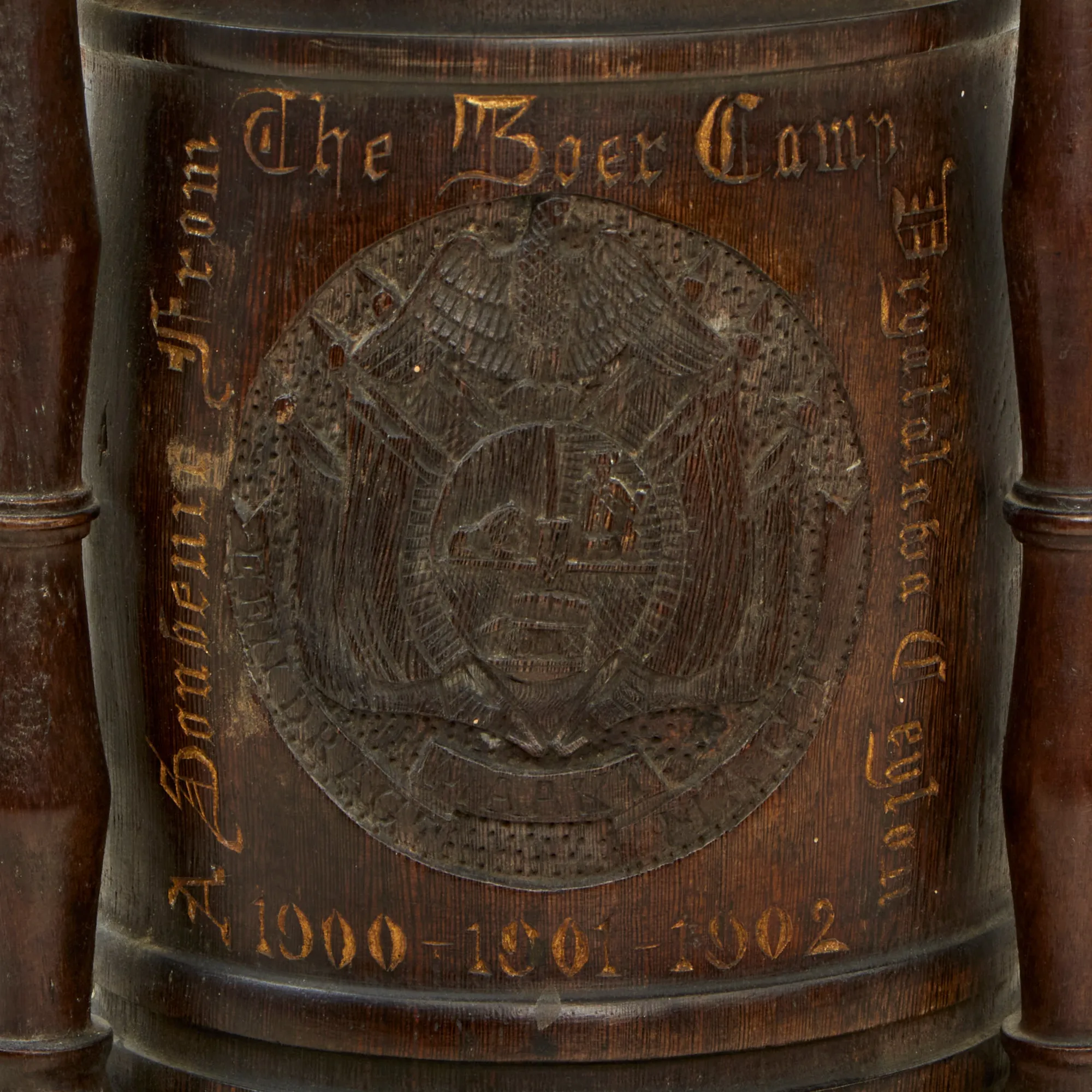 Original Prisoner of War Boer Wars Carved “Trench Art” Wooden Tobacco Humidor Barrels Carved by Boer Prisoner, Diyatalawa Ceylon Camp, As Featured In The Book “Trench Art, An Illustrated History” by Jane Kimball on Page 21 - 2 Items