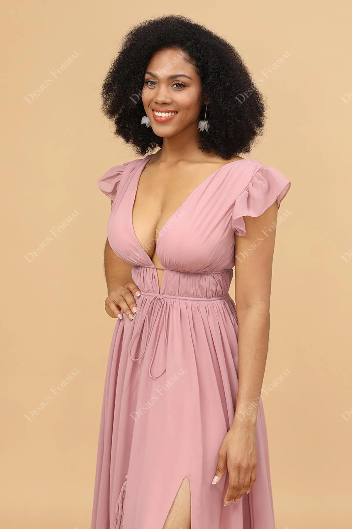 Pink Chiffon Plunging Neck Sexy Slit Floor Length A-line Gown