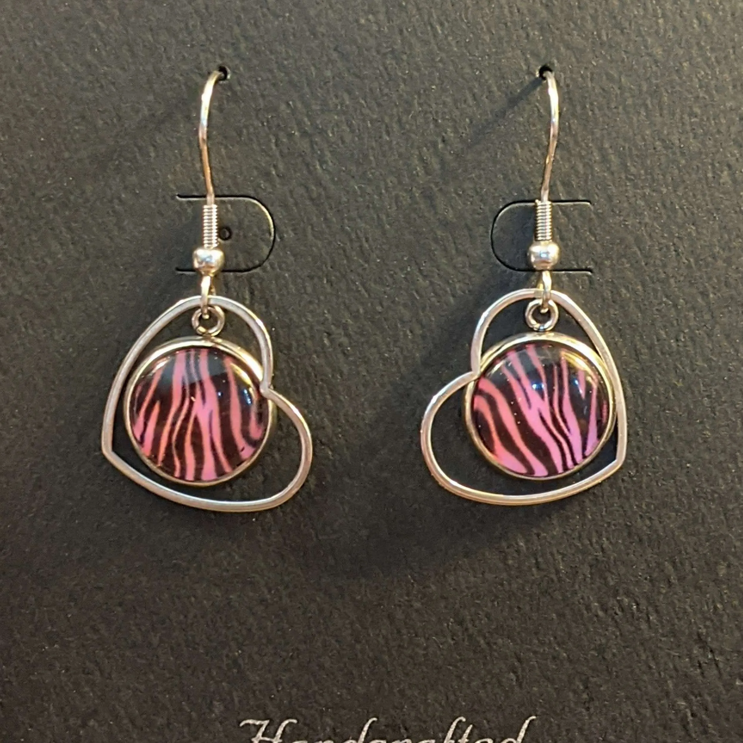 Pink Tiger Print Stainless Steel Heart hook earrings