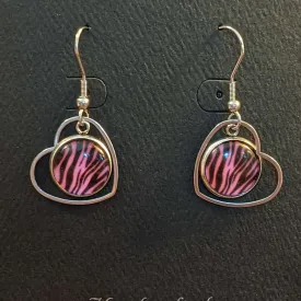 Pink Tiger Print Stainless Steel Heart hook earrings