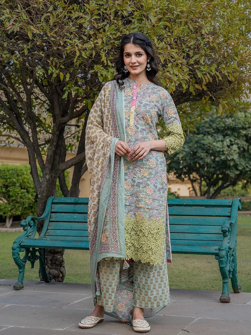 Sea Green And Yellow Floral Print,Thread_Work Pakistani Style Kurta Trouser And Dupatta Set