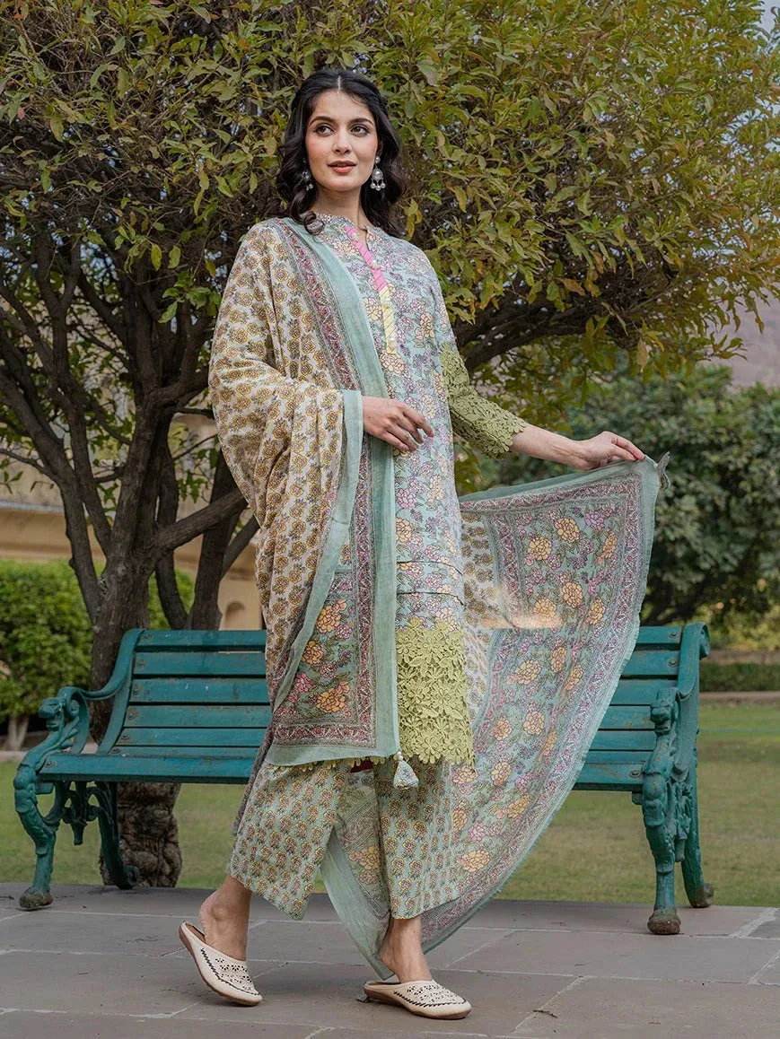 Sea Green And Yellow Floral Print,Thread_Work Pakistani Style Kurta Trouser And Dupatta Set