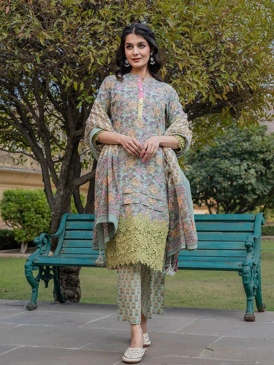 Sea Green And Yellow Floral Print,Thread_Work Pakistani Style Kurta Trouser And Dupatta Set