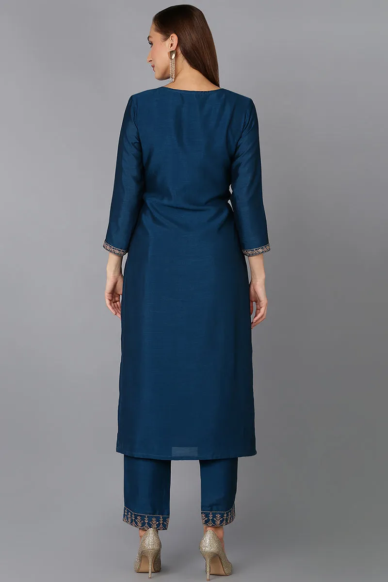 Silk Blend Firozi Embroidered Kurta With Pant