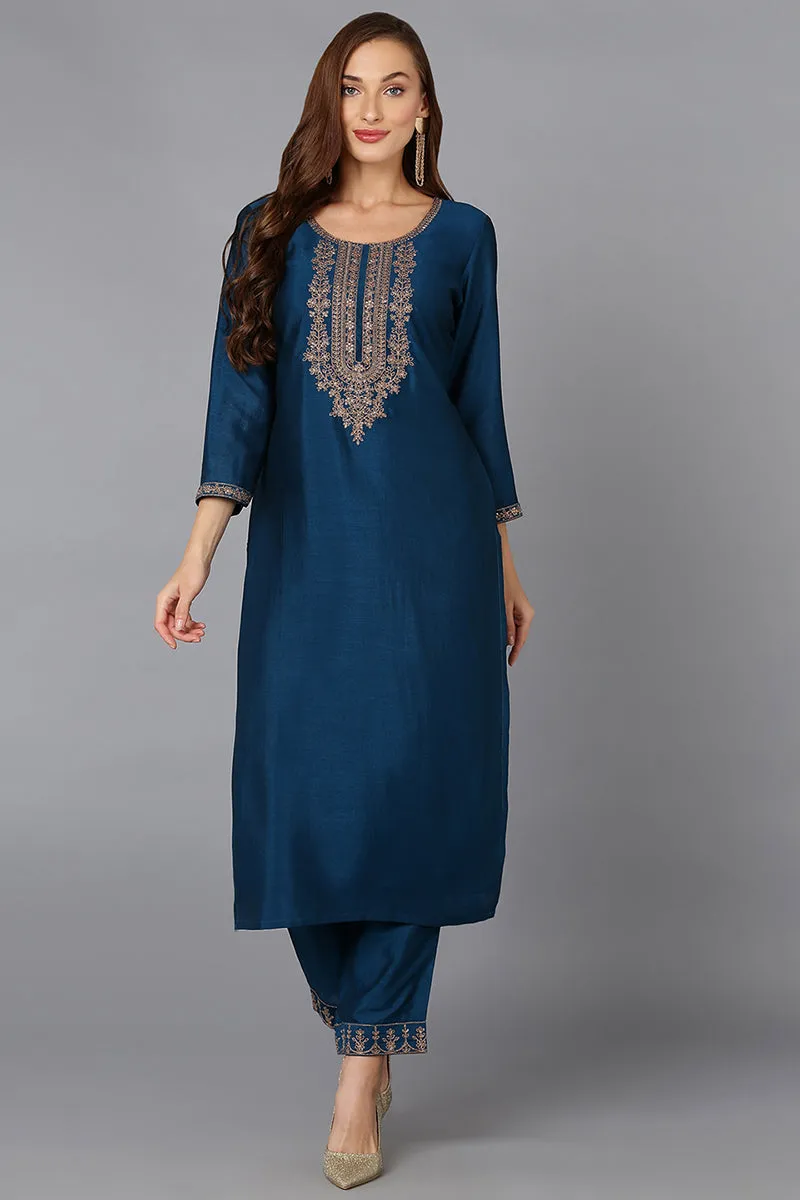 Silk Blend Firozi Embroidered Kurta With Pant