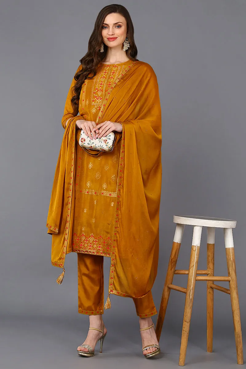 Silk Blend Mustard Embroidered Straight Suit Set