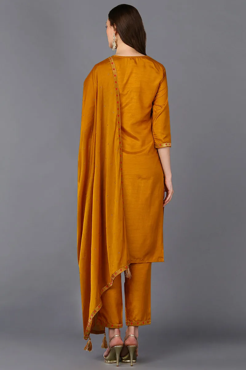 Silk Blend Mustard Embroidered Straight Suit Set