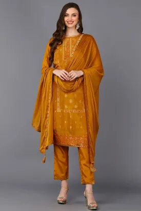 Silk Blend Mustard Embroidered Straight Suit Set