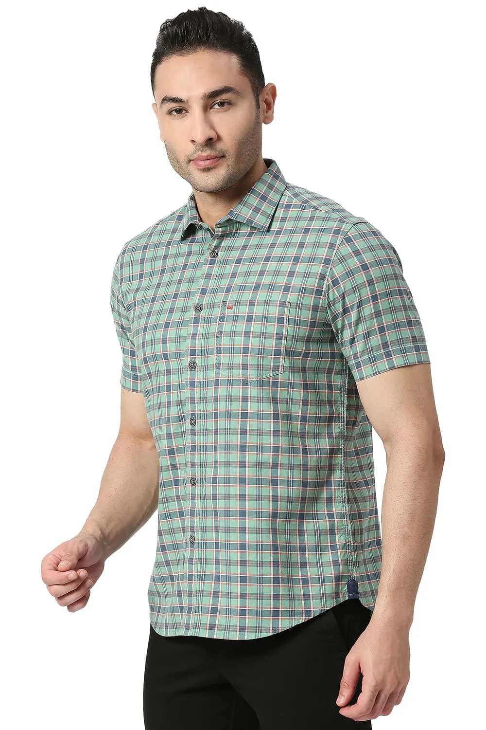 Slim Fit Cotton Oxford Checks Halfsleeves Shirt