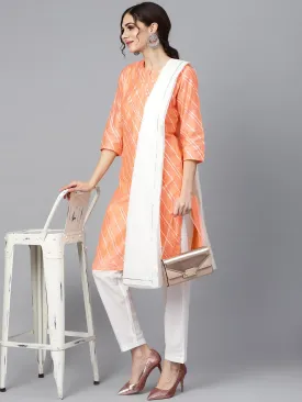 Solid Peach Gota Detailing Straight Kurta And Solid Off White Pants  With Gota Detailing Off White Mul Dupatta