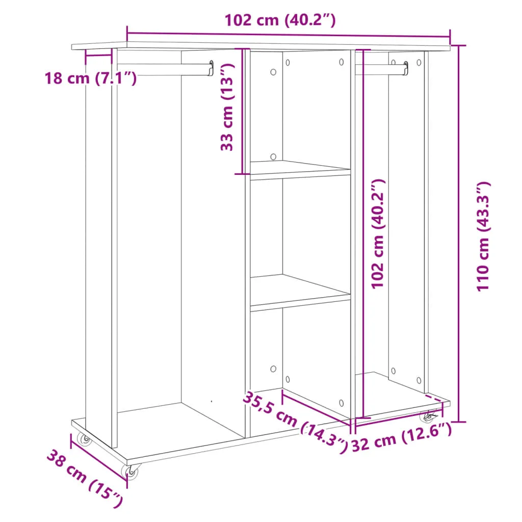 Wardrobe with Wheels Concrete Grey 102x38x110 cm Engineered Wood