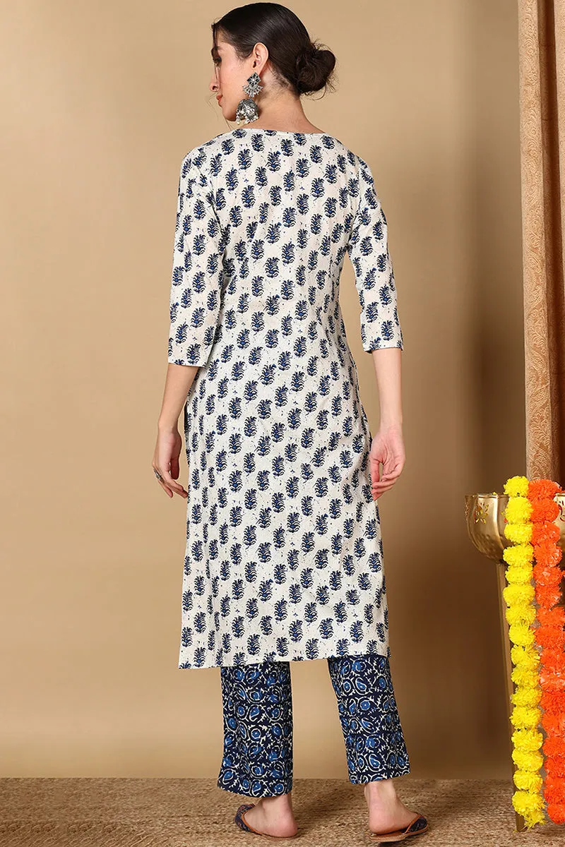 White Cotton Blend Straight Kurta Pant