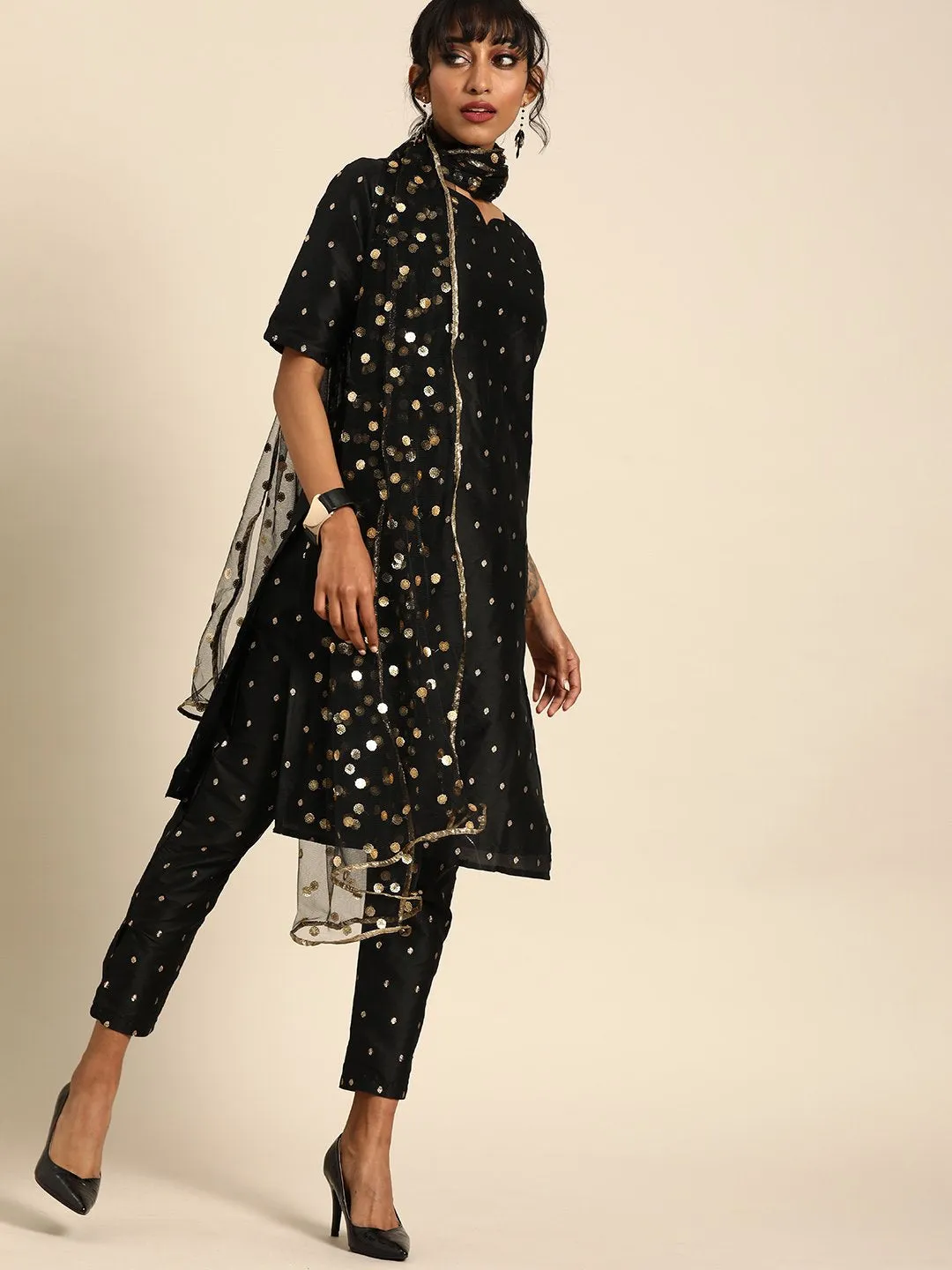 Women Black Three-Quarter Sleeves Woven Design Straight Silk Blend Brocade Kurta With Trouser And Dupatta