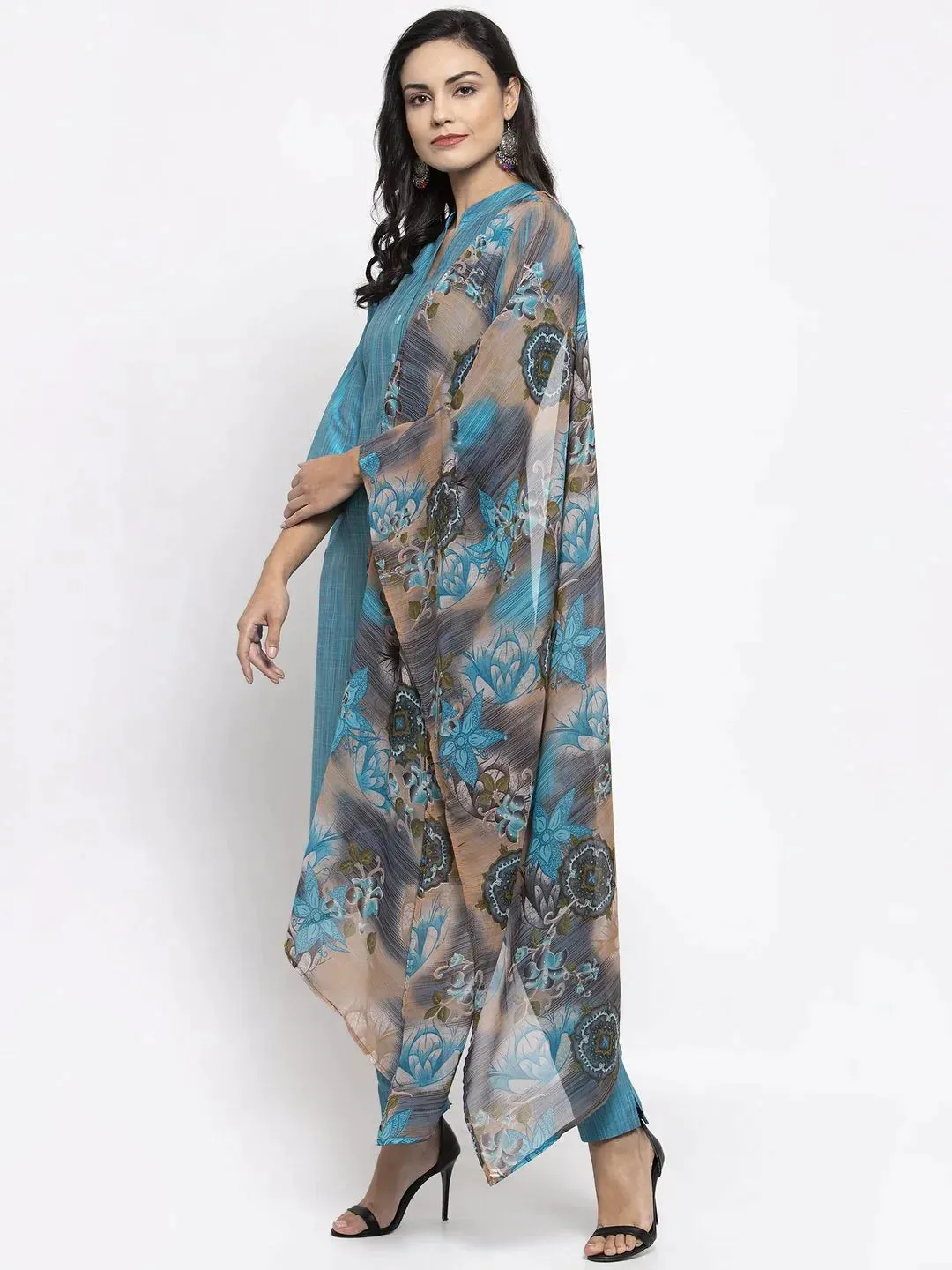 Women Blue & Green Self-Striped Kurta With Trousers & Printed Georgette Dupatta