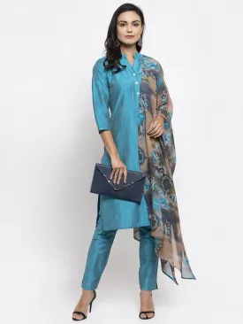 Women Blue & Green Self-Striped Kurta With Trousers & Printed Georgette Dupatta